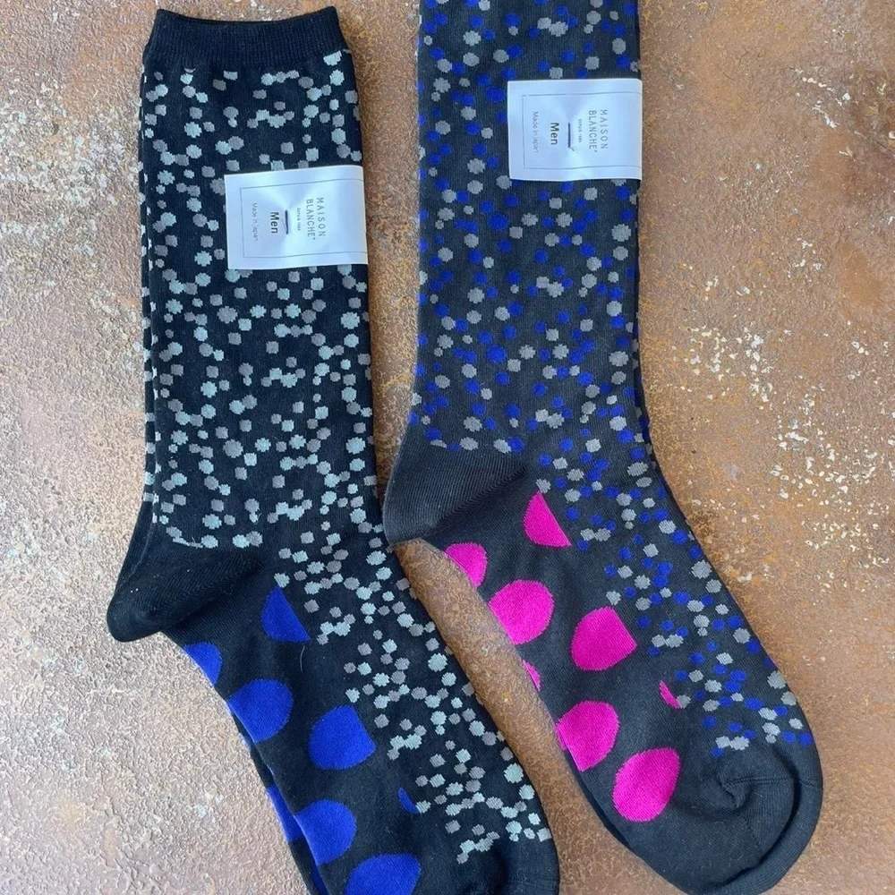 NWT Men’s MAISON BLANCHE polka dot blue and black geometric socks / sz 7-9